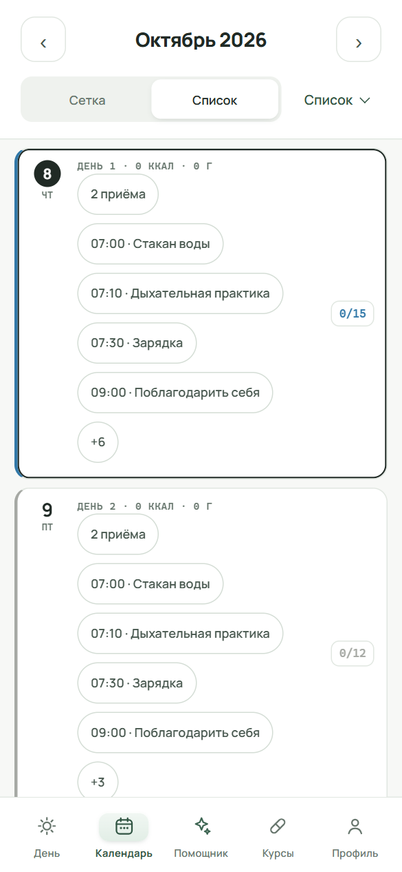Вид «Список»: строка на каждый день, слева цветная полоска статуса дня, справа отметки выполнено из всего.