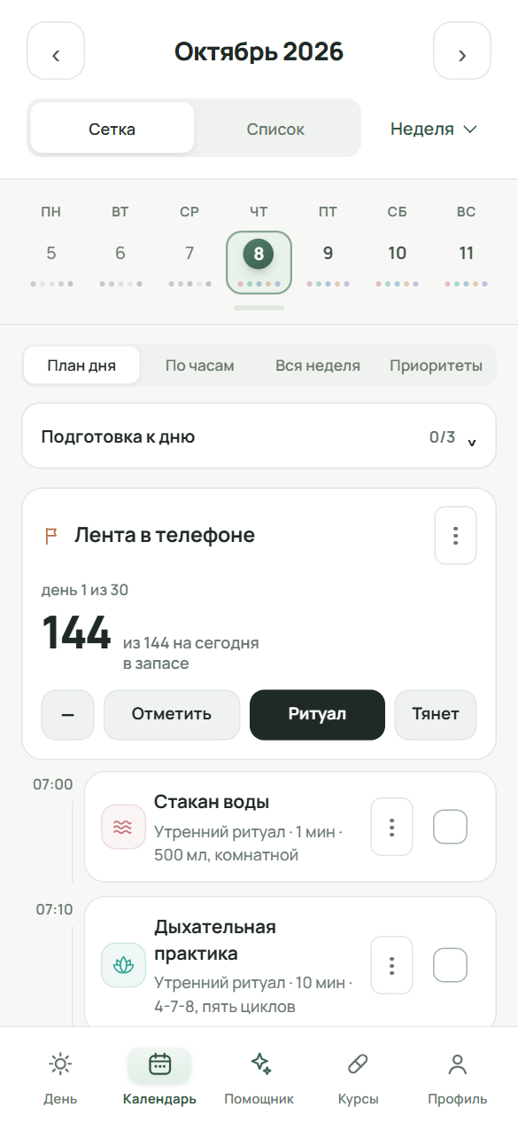 Под неделей четыре вида плана: «План дня», «По часам», «Вся неделя», «Приоритеты»; ниже карточки дня с кнопками отметок.