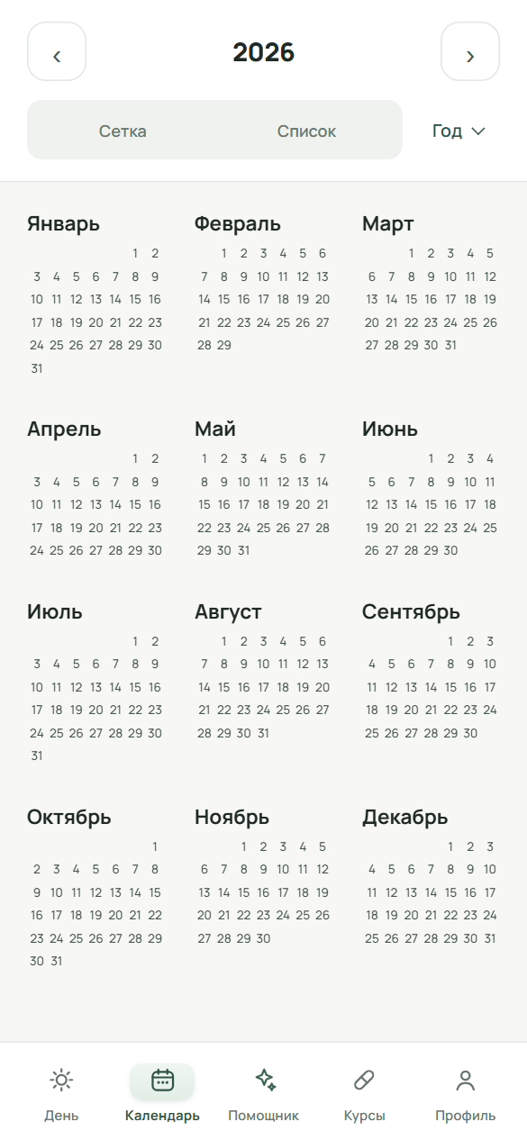 Вид «Год»: три года подряд, в каждом двенадцать маленьких месяцев.