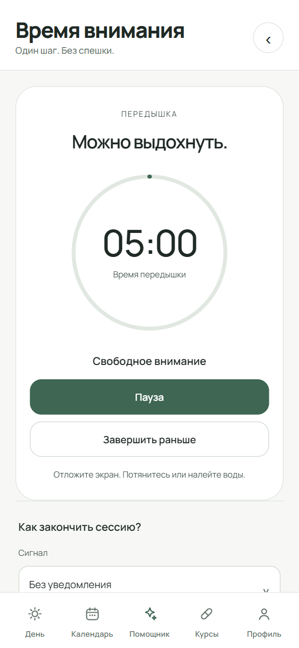 Идущая передышка на экране «Время внимания»: отсчёт, «Пауза» и «Завершить раньше»