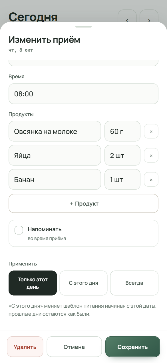 Окно «Изменить приём»: время, продукты с количеством, строка «Напоминать» и три охвата: «Только этот день», «С этого дня», «Всегда»; внизу кнопки «Удалить», «Отмена», «Сохранить»