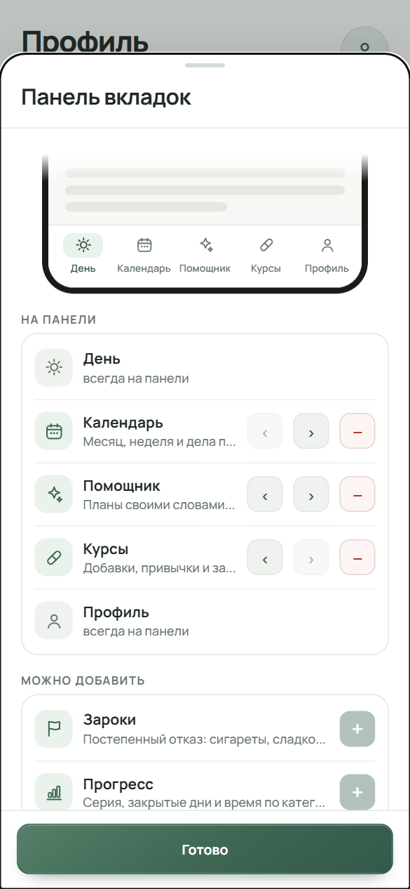 Окно «Панель вкладок»: на панели День, Календарь, ИИ Зарок, Курсы и Профиль; у средних разделов кнопки ‹, › и «−», ниже в списке «Зароки» и «Прогресс» с кнопкой «+».