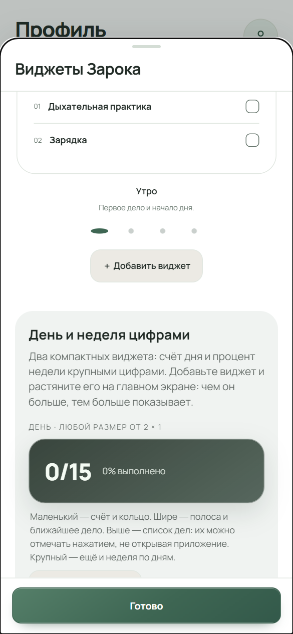 Образец виджета «Ритуал» в галерее: шаги «Дыхательная практика» и «Зарядка» с пустыми отметками