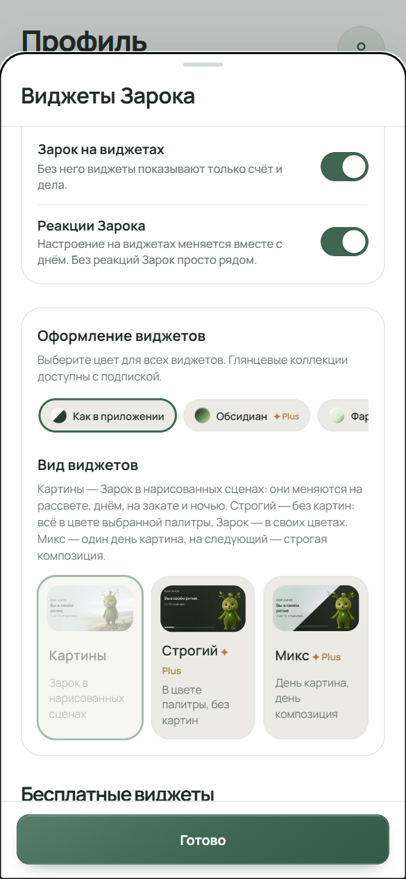 Настройки виджетов: переключатели «Зарок на виджетах» и «Реакции Зарока», «Оформление виджетов» и «Вид виджетов» с вариантами «Картины», «Строгий» и «Микс»